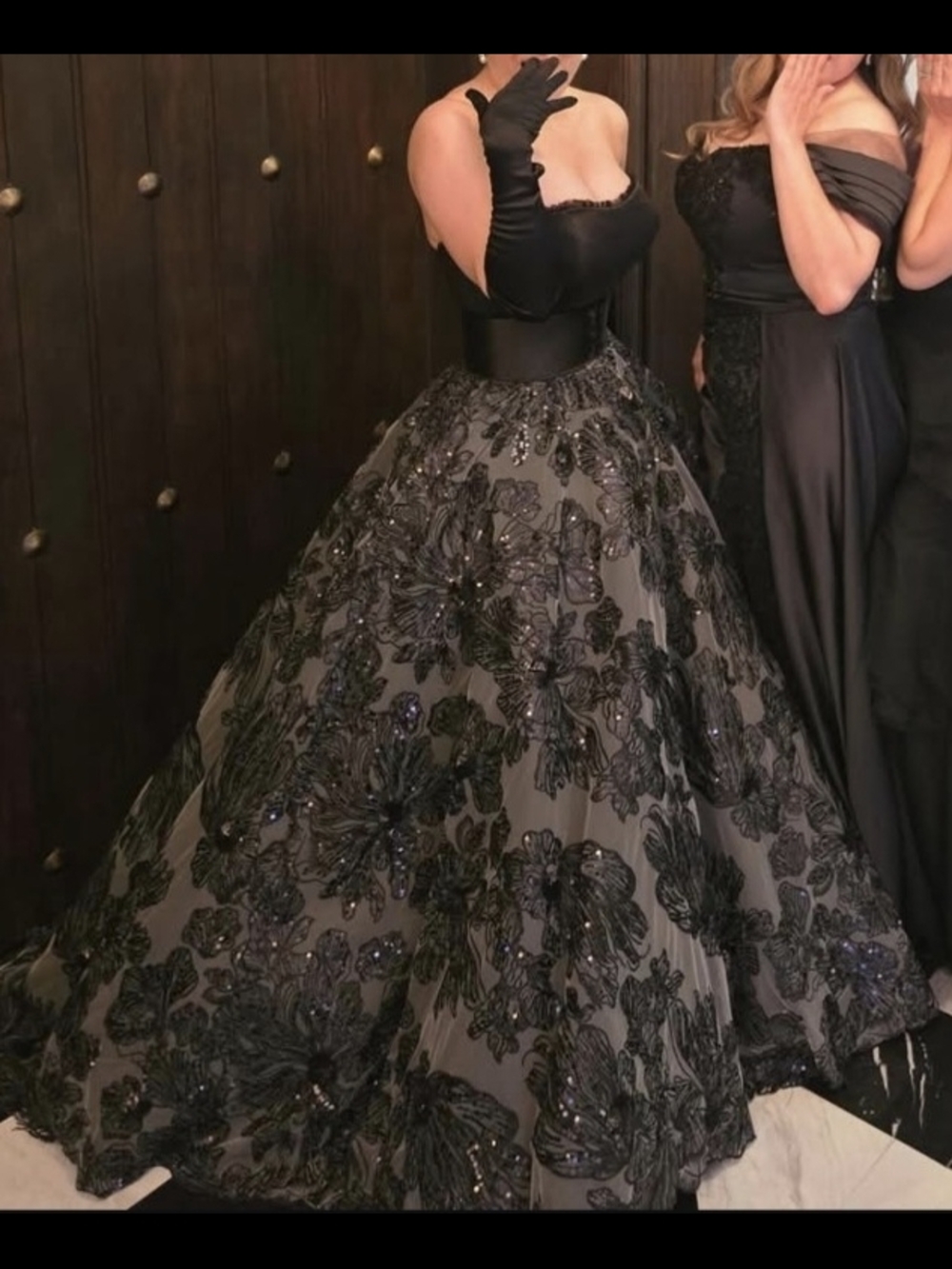 Elegant Black Ball Gown Dress with Floral Embroidery Customized